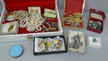 A collection of costume jewellery in a box, including a silver RAF sweetheart brooch and a Danish