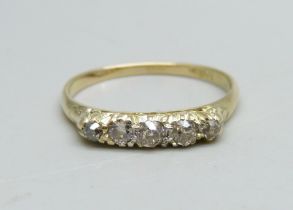 A Victorian 18ct gold and five stone diamond ring, 2.1g, P