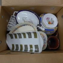 A collection of china including sandwich plates, and a collection of glassware, salad servers and
