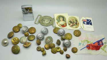 A tin containing BR buttons, Boys Brigade belt buckle and Falcon lighter