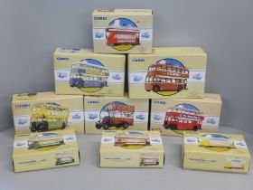 A collection of Corgi Public Transport die-cast trams and buses, all boxed (9)