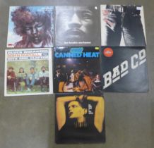 1970s/80s rock LP records, The Rolling Stones (Sticky Fingers small zip cover), Jimi Hendrix, Bad