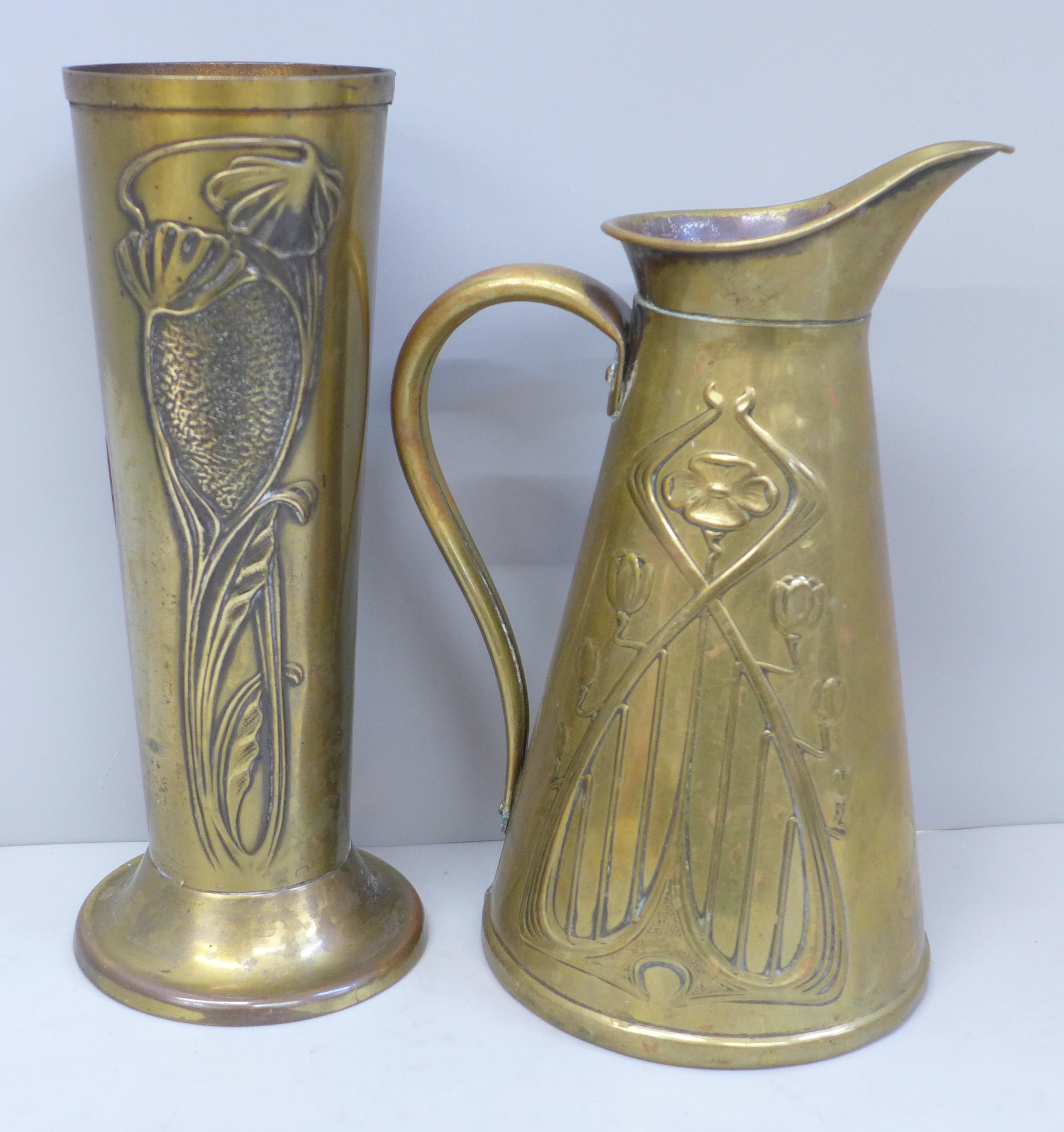 An Art Nouveau small brass pitcher and a brass vase, 22cm - Image 2 of 5