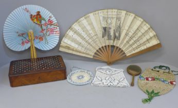 Two fans, one made from an 1851 Mont Blanc page, a butterfly mirror and three beaded purses