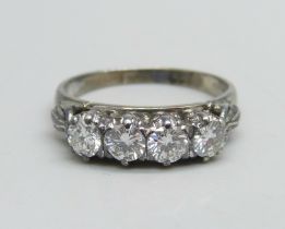 A platinum, four stone diamond ring, approximately 0.80ct diamond weight, 2.8g, M/N