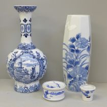 A Delft vase, a blue and white oriental vase and two other items