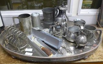 A large silver plated gallery tray, plated ware and pewter