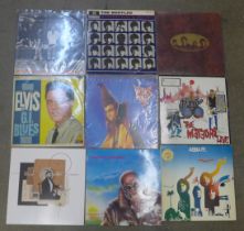 A box of LP records, 22 in total, includes Ian Dury, Meteors, Cliff Richard, Elvis Presley, three