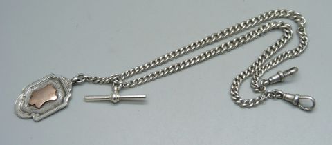 A silver double Albert chain and fob, 27g, 38cm including clips