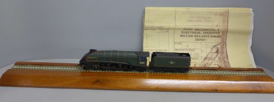 A Bachmann A4 Pacific locomotive with OO gauge mahogany display stand and a BR drawing of HST Cab