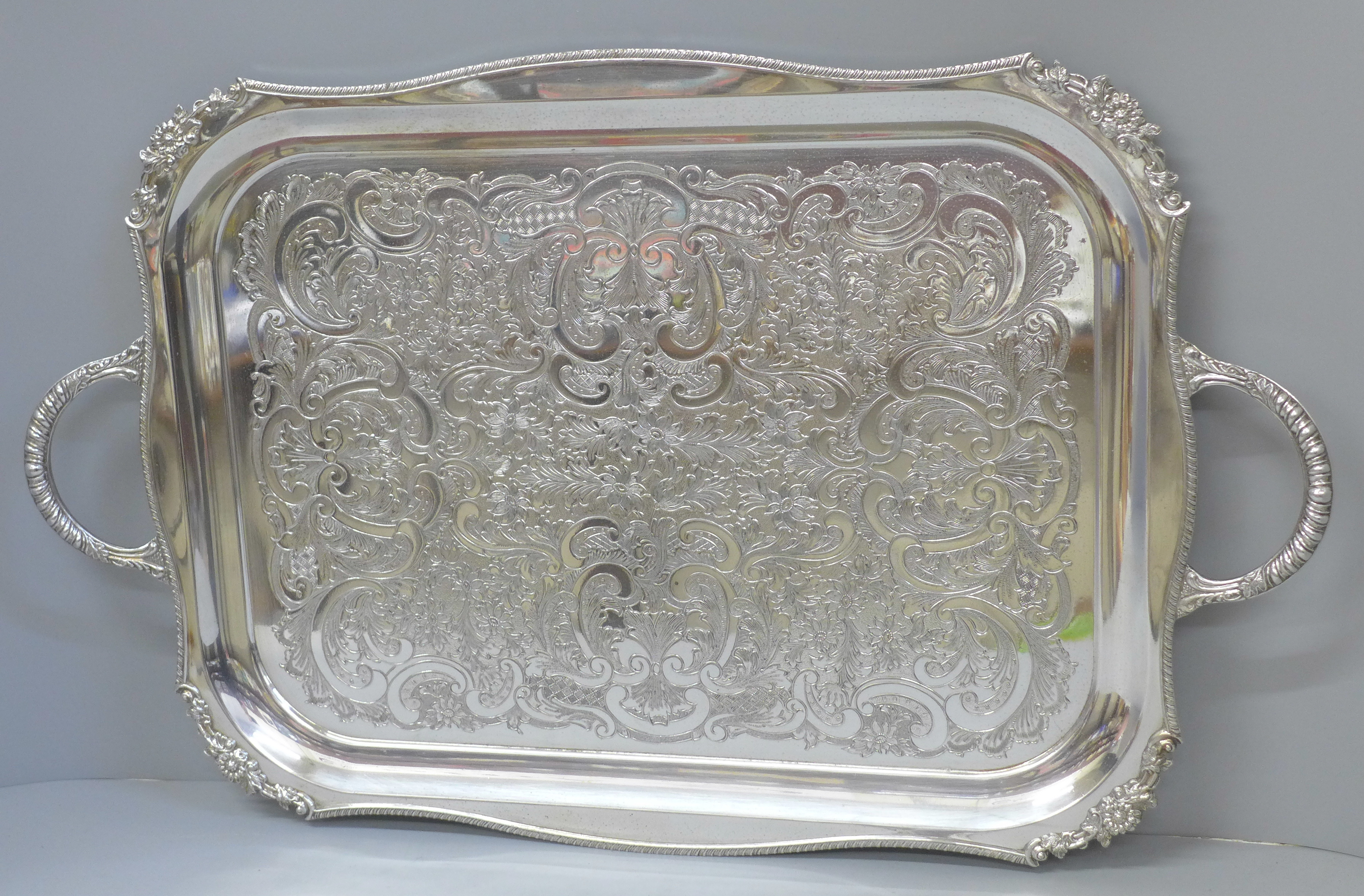 A Viners of Sheffield Alpha Plate two handled tray with cast rim