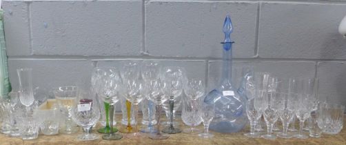 A collection of crystal and glass including Edinburgh Crystal, a set of hock glasses with coloured