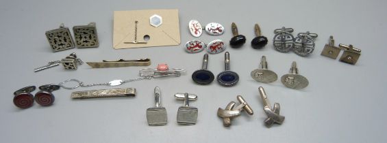 Three pairs of silver and enamel cufflinks, seven other pairs of silver cufflinks, three silver