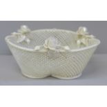 An early Belleek Creamware lattice basket, 14cm