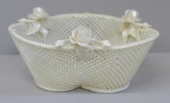 An early Belleek Creamware lattice basket, 14cm