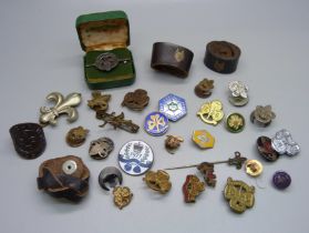 A collection of Scouts and Girl Guide badges including a Deutsche Jungvolk badge and four woggles