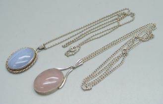 Two white metal set pendants on silver chains, 21g