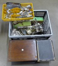 Two boxes of plated ware, cased cutlery, boxes, etc. and a wooden workbox **PLEASE NOTE THIS LOT