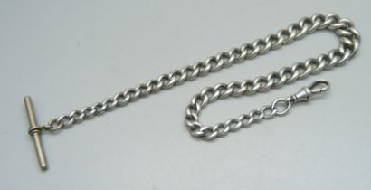 A silver Albert chain with base metal T bar, 47g, 34.5cm including dog clip and T bar