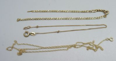 Three 9ct fine gold chains - one necklace and two bracelets, figaro chain a/f, 2.5g