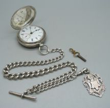 A silver cased full hunter pocket watch and a silver albert chain, chain and fob 63g, 32.5cm chain