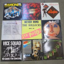 A collection of LP records; fifteen punk and new wave albums including Ramones, Stranglers and Sex