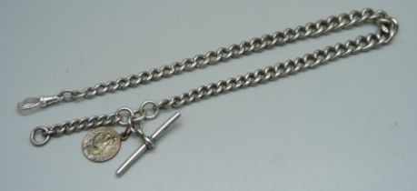 A silver Albert chain with plated pendant and modern silver dog clip, 41g, 36cm chain