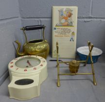 A Smiths wall clock, a brass spirit kettle, Mabel Lucie Attwell sign, glass light shade, jelly