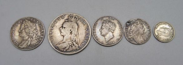 An 1890 Victoria half crown, a George II shilling, George III shilling, a William II coin, drilled