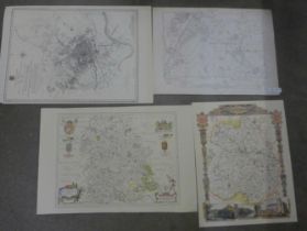 Five printed maps of Nottingham and Shropshire including Nottingham City lithograph map (