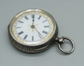 A lady's .935 silver fob watch with enamel dial, inscription to inner case back