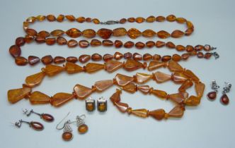 Three amber necklaces, one clasp a/f, three pairs of white metal and amber earrings, and one pair