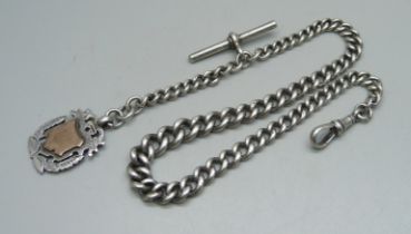 A silver Albert chain and fob, 52g, 37cm (length without fob) including dog clip