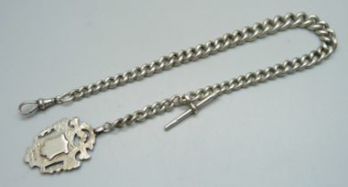 A silver Albert chain with fob, T bar and dog clip, 65g, 33.5cm including clip