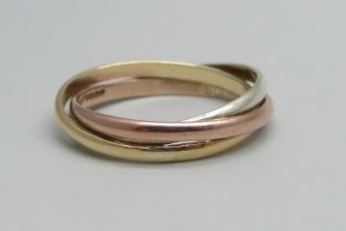 A 9ct gold tri colour and diamond ring, 3.2g, P/Q