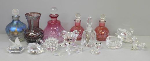 Swarovski crystal animals, scent bottles, etc., including a pair of cranberry scents
