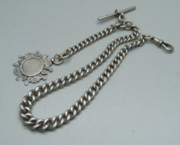 A silver Albert chain with fob, 67g, 37.5cm chain (length without fob) including dog clip