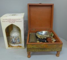 Assorted items including sewing equipment in an Eastern style box and a Bells Scotch whisky decanter