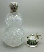 A silver topped scent bottle, lid a/f and a silver mustard with green glass liner
