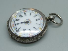 A lady's .935 silver fob watch with enamel dial, one hand loose