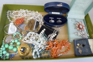 Costume jewellery, an agate slice brooch, silver Christening bangle, etc.