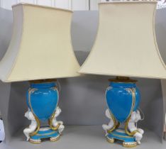A pair of Minton table lamp bases, converted to electricity, both a/f