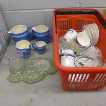 Glassware, china and a four piece blue and white kitchenware set (2 boxes) **PLEASE NOTE THIS LOT IS