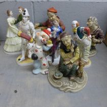 Three Coalport figures including two clowns, a Neapolitan figure and three other figures **PLEASE