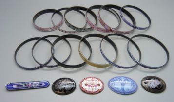 Twelve Michaela Frey enamelled bangles and four Michaela Frey brooches, some enamel a/f