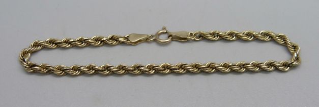 A 9ct gold rope design bracelet, length 7.5 inch, 2g