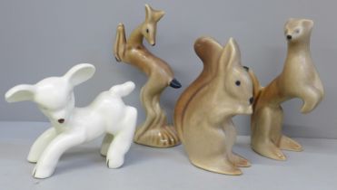 Three Langley pottery animals and a Denby pottery lamb