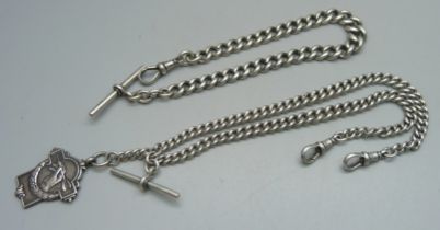 Two silver Albert chains and a darts fob, double albert measures 38.5cm including clips, single