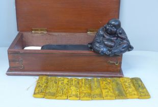 19th Century Shunga panels, scrimshaw on yak bone, erotica Karma Sutra and a model of a seated