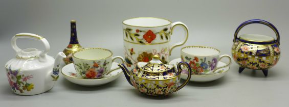 A Royal Crown Derby Imari miniature bottle vase, tea pot and cauldron, a pair of Dresden miniature